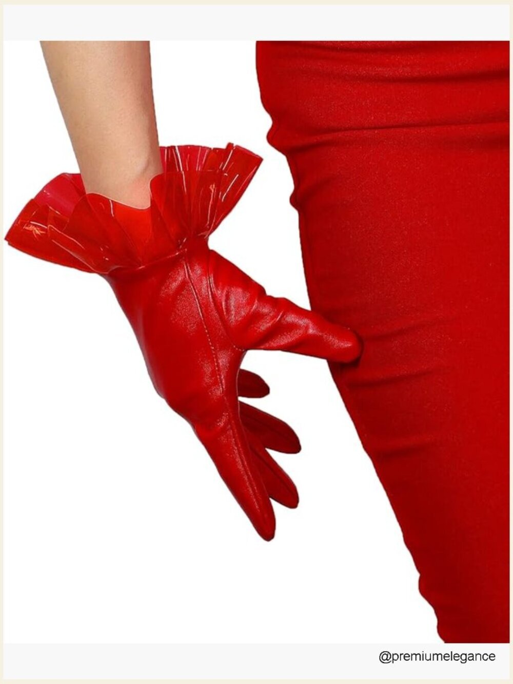 Faux Lambskin Leather Gloves with Ruffle Trim 10inch
